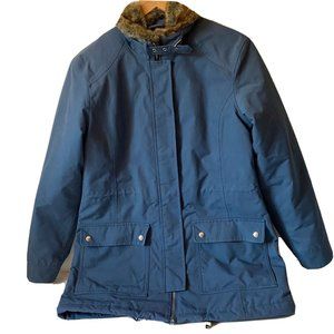 Lands' End women XS 2-4 winter ski jacket aviator fur collar coat blue lined zip